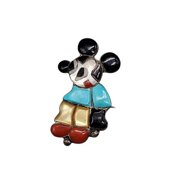 ZUNITOONS Sterling Silver Turquoise Inlay MICKEY MOUSE Brooch Zuni MP Signed - Picture 3 of 10